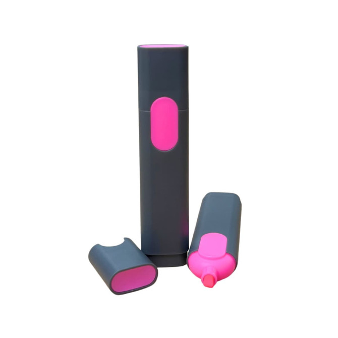A highlighter set featuring a grey body with pink accents, including a cap and one additional piece.
