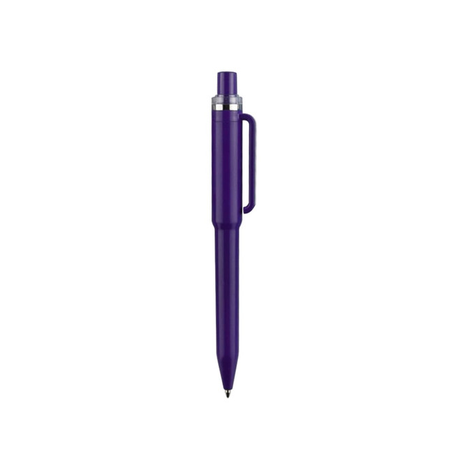 A purple plastic pen featuring a clear grip and a clip for easy carrying. It has a logo on the body.