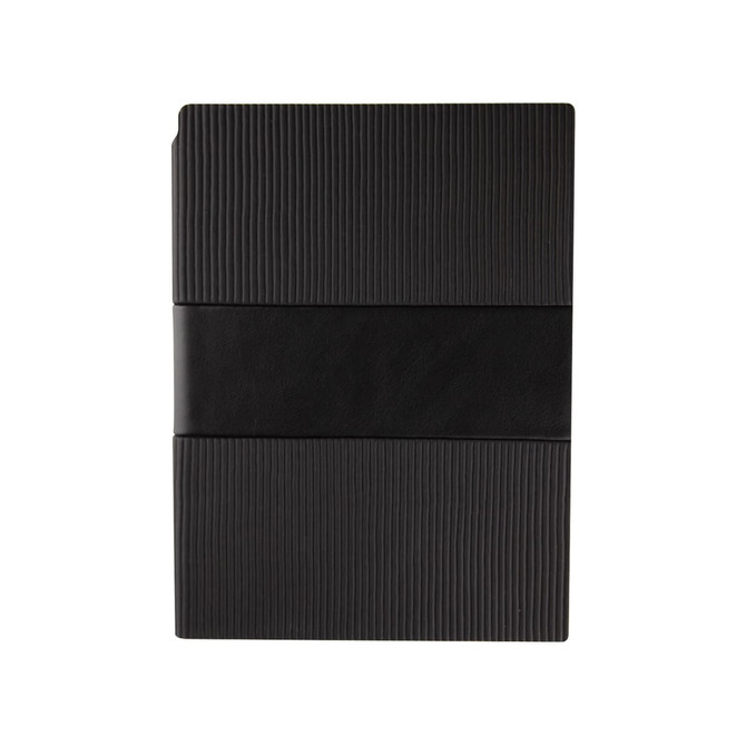 A black notebook with a ribbed texture and a smooth black band, featuring a logo.