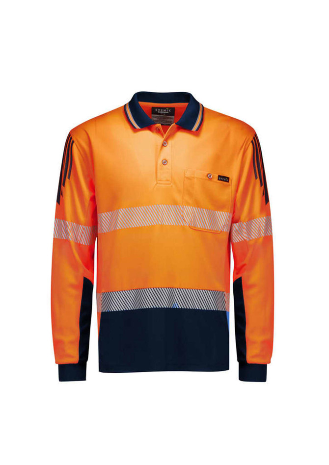 A long sleeve polo shirt in high visibility orange with navy accents and reflective segmented tape. Features a front pocket and logo.