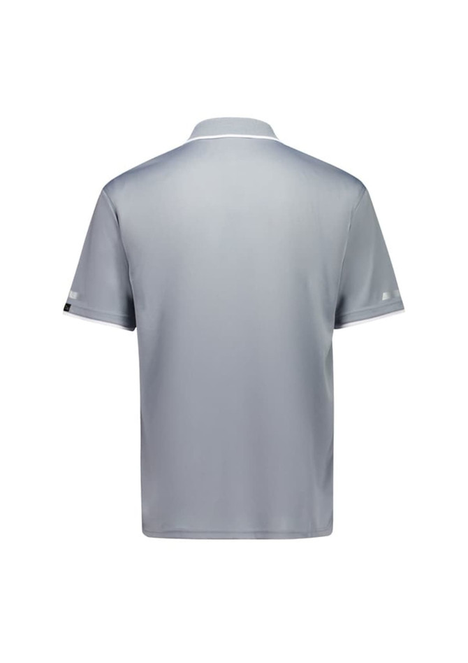A grey short sleeve polo shirt with a collar, featuring a logo on the sleeve.