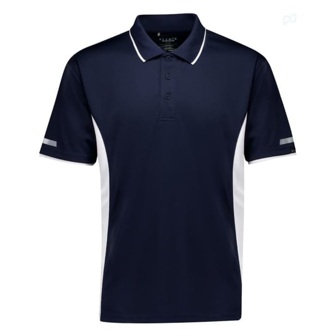 A navy short sleeve polo with white side panels and a logo on the chest.
