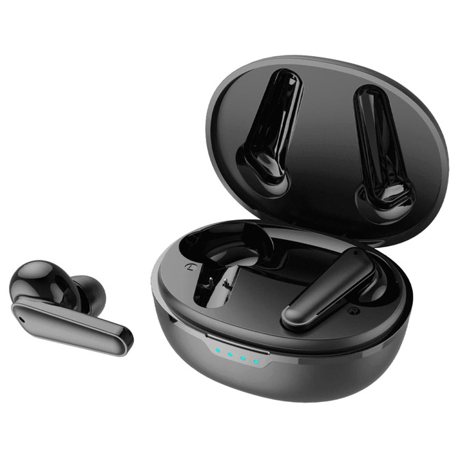 Black wireless earbuds in a charging case, one earbud outside the case, featuring a sleek design and logo.