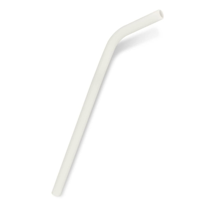 A silicone drinking straw in a light cream colour, featuring a slight bend. The product has a logo on it.