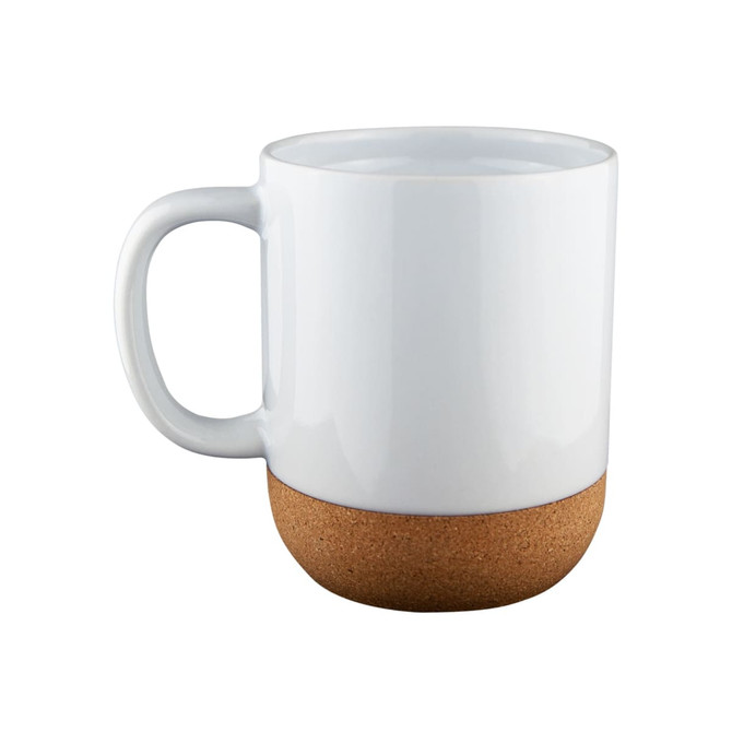 A white mug with a cork base, featuring a simple design and a handle. It has a logo on one side.