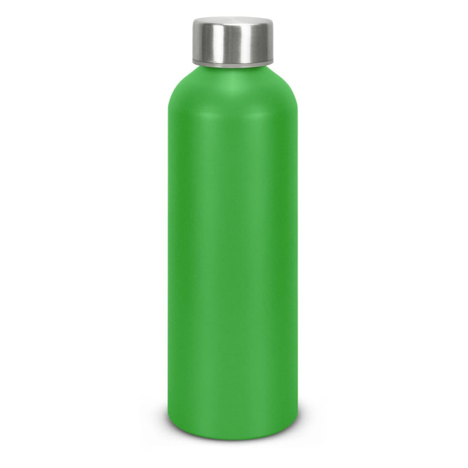 A drink bottle in vibrant green aluminium with a silver cap and a visible logo.