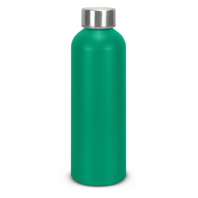 A green recycled aluminium drink bottle with a silver metal cap and a smooth finish.