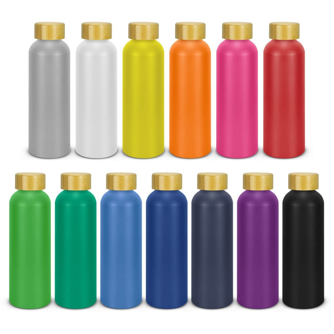 A drink bottle collection featuring various colours including silver, white, yellow, pink, red, orange, green, navy, and black, with gold caps.