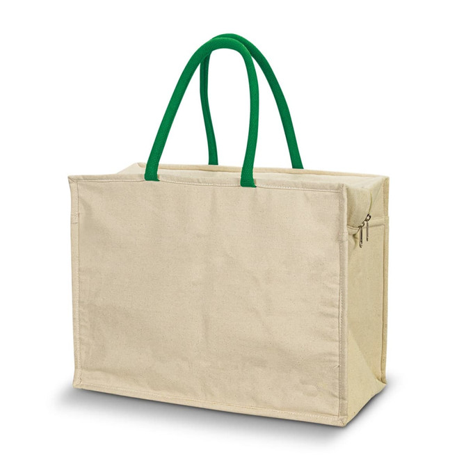 A beige cooler bag with green handles, featuring a zip closure and an additional pocket.