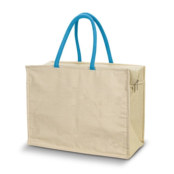 A beige cooler bag with blue handles, featuring a zip closure and an outer pocket. It has a simple design.