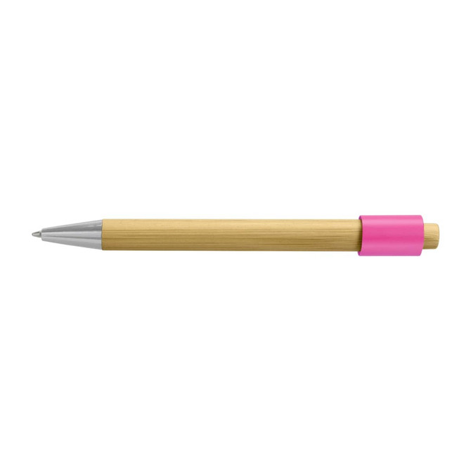 A bamboo spinner pen featuring a silver tip and a pink grip. It has a minimalistic design and a logo.