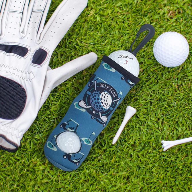A blue golf ball holder with a golf-themed design, featuring a golf glove, ball, and tee on grass.
