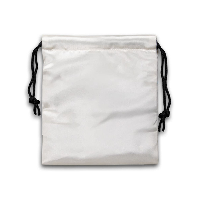 A small satin gift bag in white with black drawstring ties. Features a smooth, glossy surface.