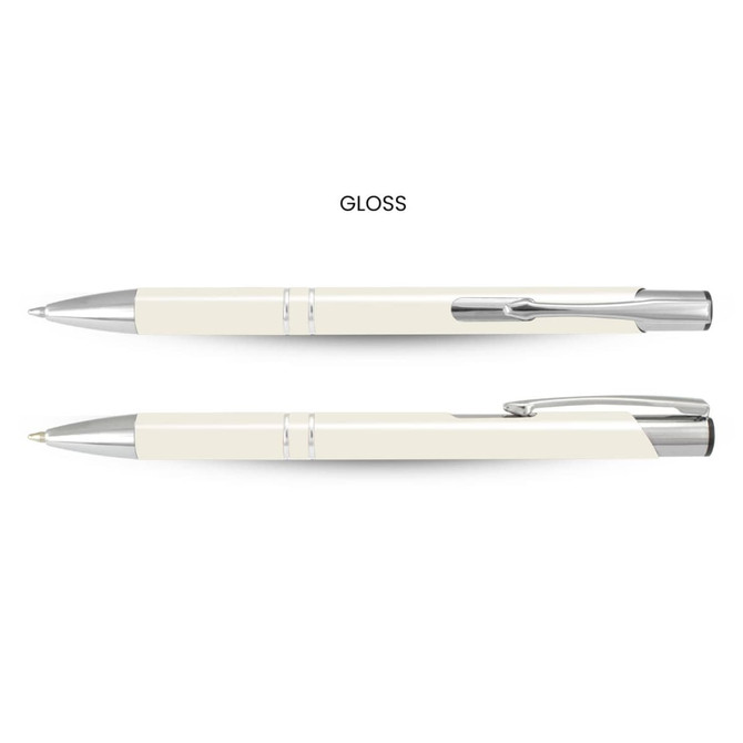 A cream-coloured pen with a shiny finish and silver accents, featuring a logo on its body.