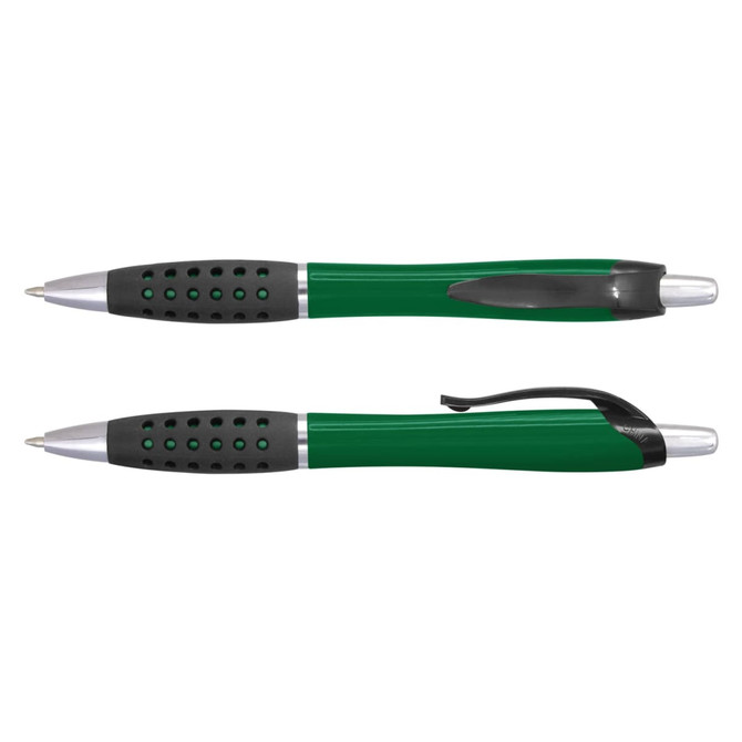 A green plastic pen featuring a textured grip and silver accents. Includes a branding logo.