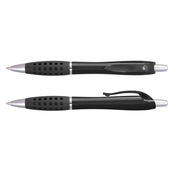 A set of Dolphin Pens in black plastic, featuring a textured grip for comfort and a silver-colored clip and tip.