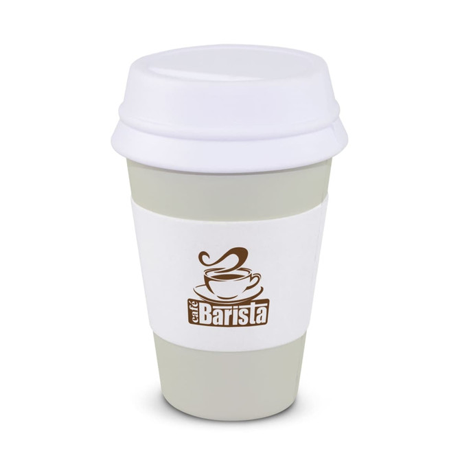A stress coffee cup in light green and white with a branded sleeve and a white lid.