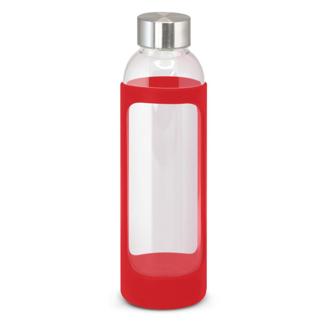 A drink bottle features a sleek glass design with a protective red silicone sleeve and a stainless steel cap.