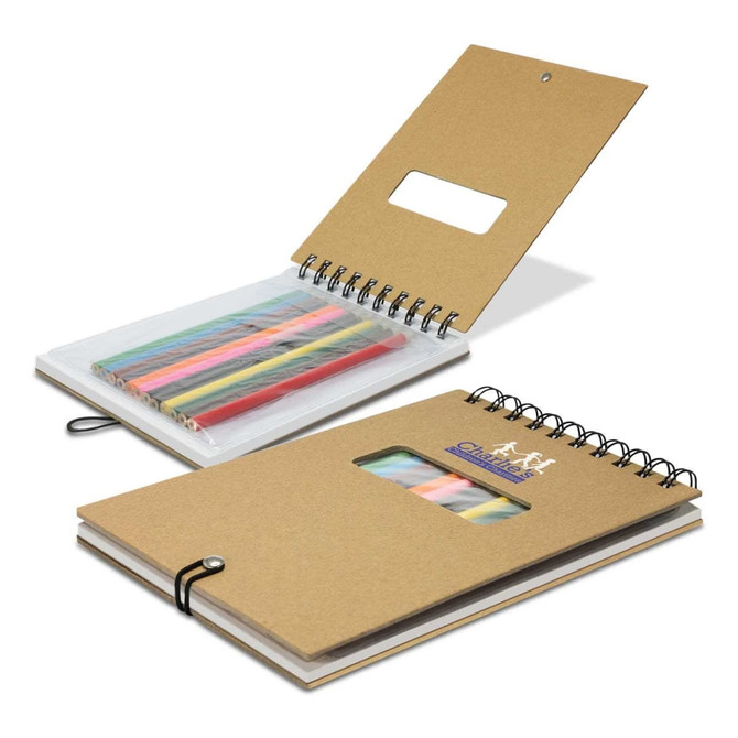 A notepad with a spiral binding and a kraft cover, featuring a translucent pocket holding multicolored markers.