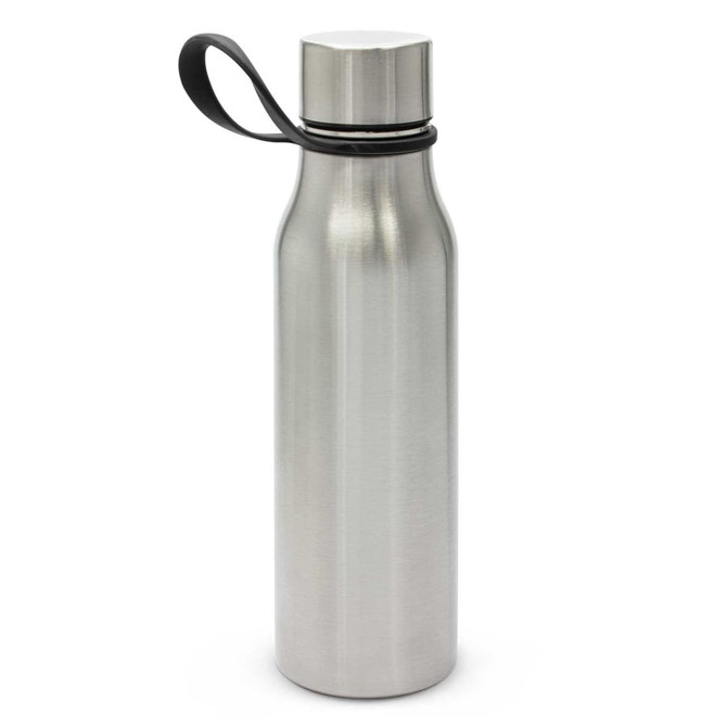 A drink bottle featuring a sleek stainless steel design with a secure lid and an attached black loop for easy carrying.