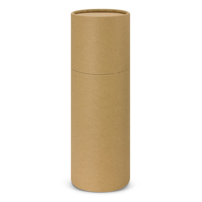 A drink bottle in a stylish cylindrical packaging, featuring a natural kraft paper design.