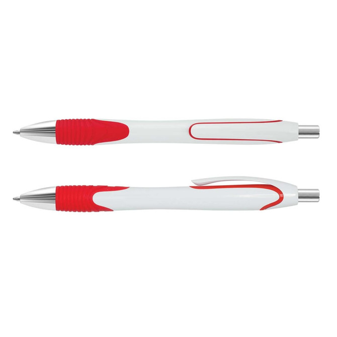 A red and white Curve Pen with a smooth plastic design and silver accents, featuring a logo on the barrel.