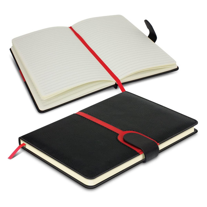 A black notebook with red elastic closure and ribbon bookmark, featuring lined pages inside.