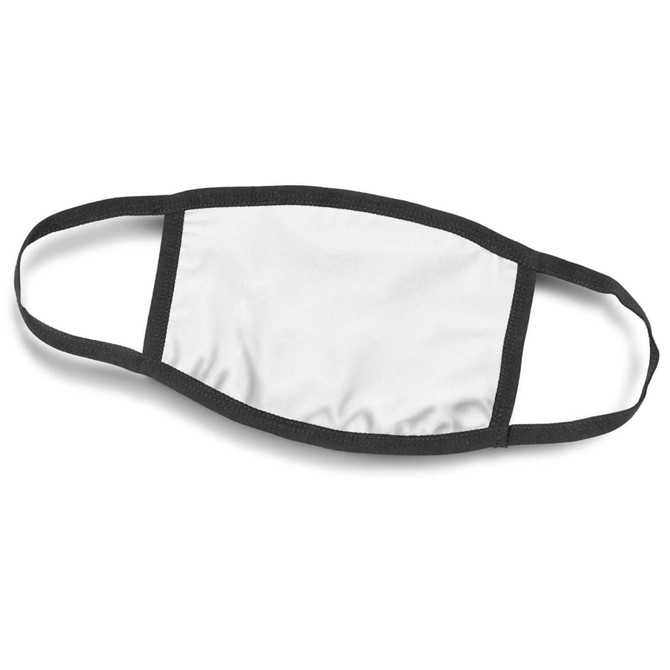 A reusable face mask in white with black elastics, featuring a logo on one side.