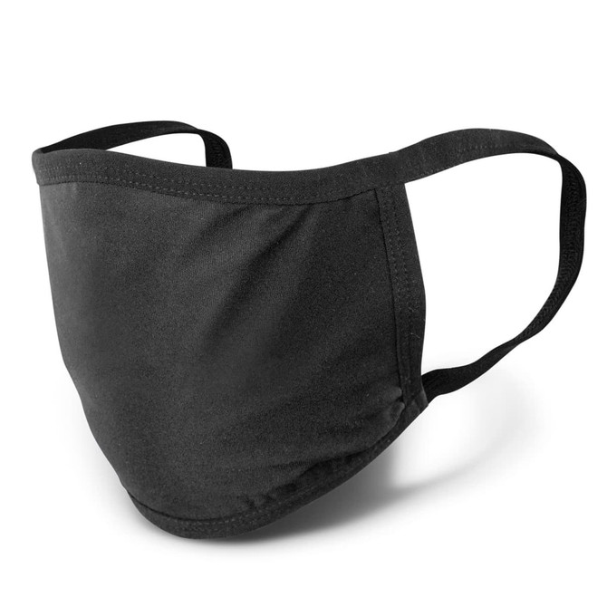 A black reusable 3-ply cotton face mask with adjustable ear straps and a logo.