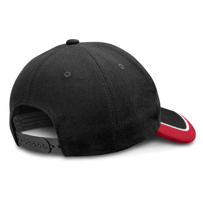 A black cap with a red peak and an adjustable strap at the back, featuring a logo.