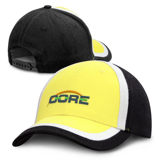 A cap featuring a yellow and black design with a logo. It has a curved brim and an adjustable strap at the back.