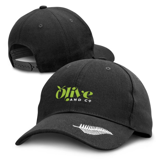 A black cap with a curved brim, featuring a logo at the front and a fern design. It has an adjustable strap at the back.