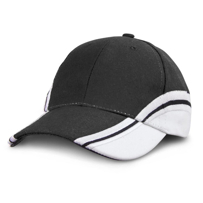 A black and white cap featuring a curved design and branding on the front.