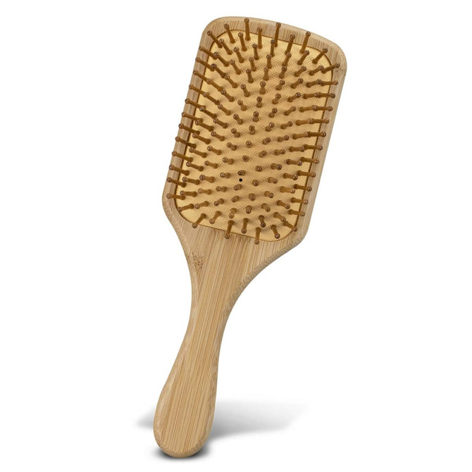 A bamboo hair brush featuring a flat design and rounded pins, showcasing natural bamboo colour and a smooth finish.