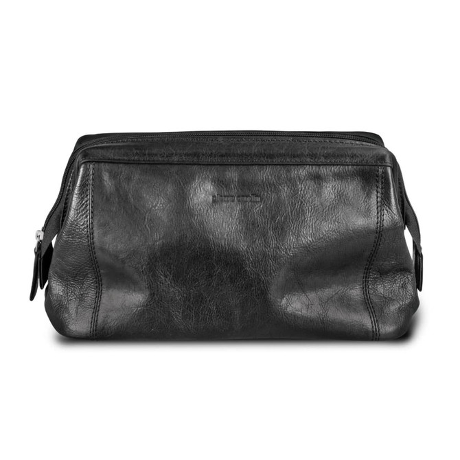 A black leather toiletry bag with a zip closure and a branding logo on the side.