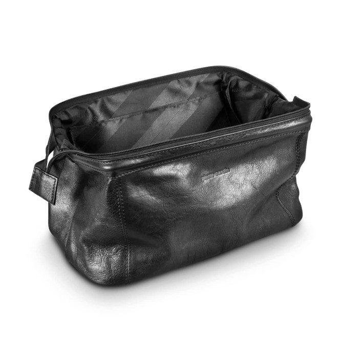 A black leather toiletry bag with a zippered opening, featuring interior lining and a branding logo.