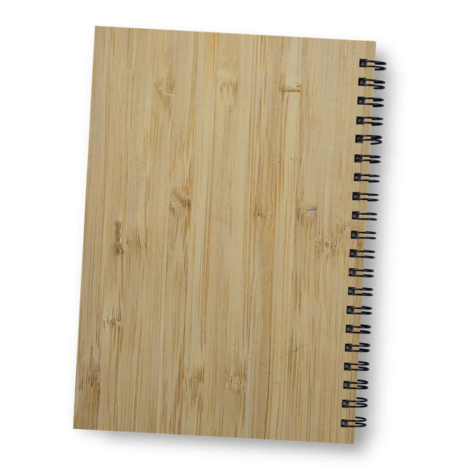 A medium bamboo notebook with a natural wood finish and a black spiral binding.
