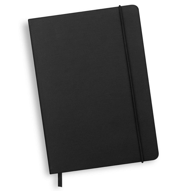 A black diary with a smooth cover, featuring an elastic band closure and a ribbon bookmark.