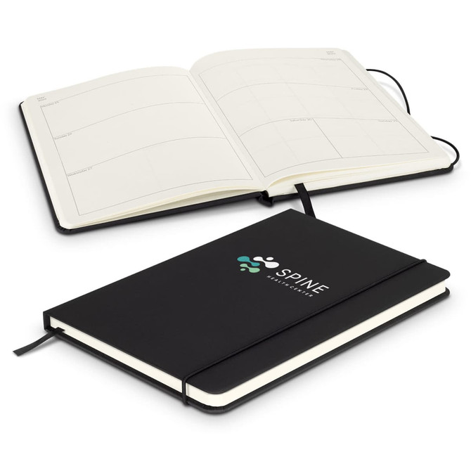 A black weekly diary for 2026, featuring a soft cover, ribbon bookmark, and logo on the front. Pages are blank inside.