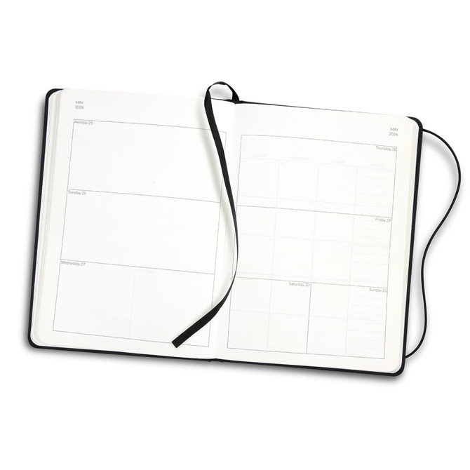 A weekly diary for 2026 with a black cover, featuring blank pages and a ribbon bookmark.