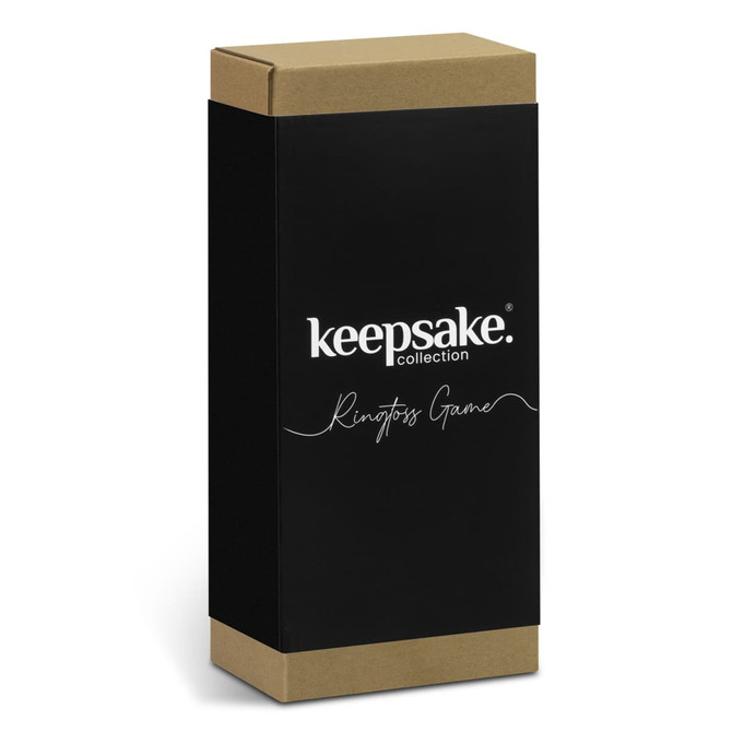 A black and kraft package for the Keepsake Ring Toss Game with a logo on the front.