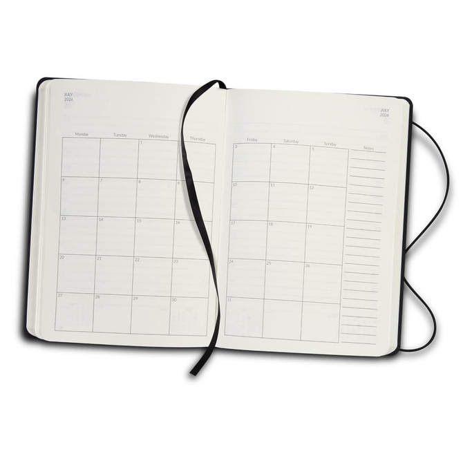 A diary with a black cover, opened to show blank monthly calendar pages and a ribbon bookmark.