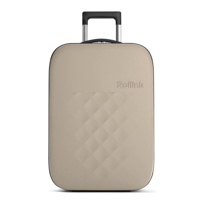 A wheeled beige suitcase with a textured surface and retractable handle, featuring a logo.