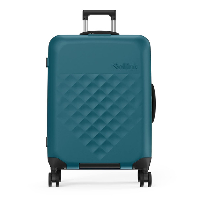A teal Rollink Flex 360 Spinner Suitcase 26" with a textured surface and black wheels and handle.