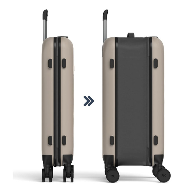 A 26" Rollink Flex 360 Spinner Suitcase in beige and black, featuring a sleek design and four wheels for mobility.