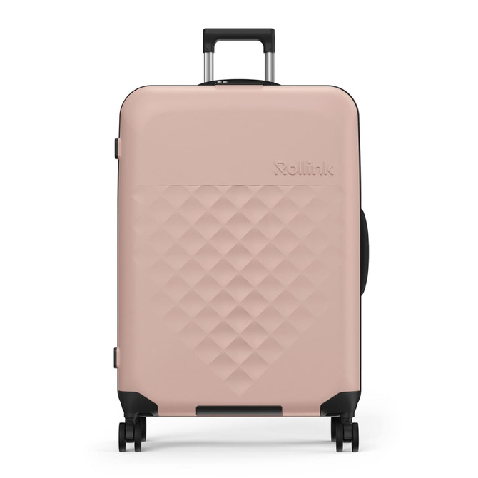 A pink, diamond-patterned suitcase with a retractable handle and wheels. It features a logo on the front.