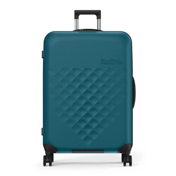 A teal 29" Rollink Flex 360 Spinner suitcase with a textured surface and four wheels. Includes a retractable handle.