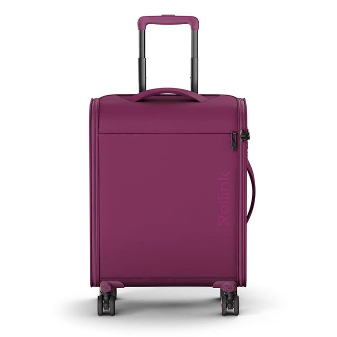 A burgundy Rollink Futo carry-on suitcase with a retractable handle and wheels. Features branding on the side.