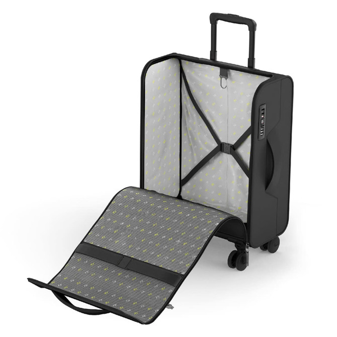 A black wheeled suitcase with a patterned interior and an open compartment, featuring an extendable handle.