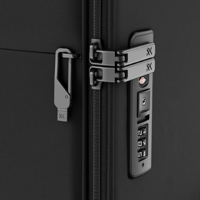 A black wheeled suitcase featuring a combination lock and zipper, with a sleek design and sturdy clasps.